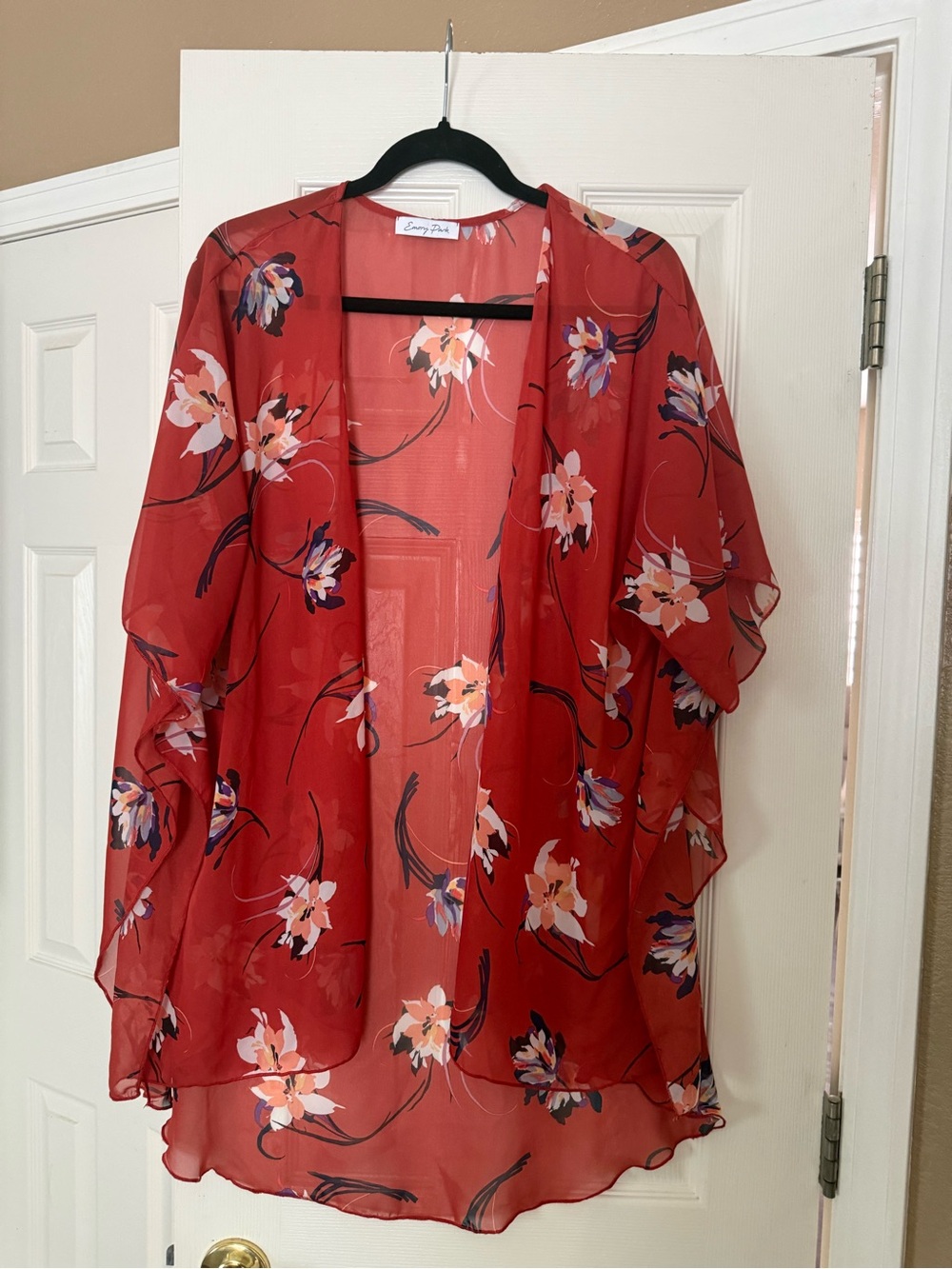 Emory Park Red Floral Sheer Kimono Boho Cover Up